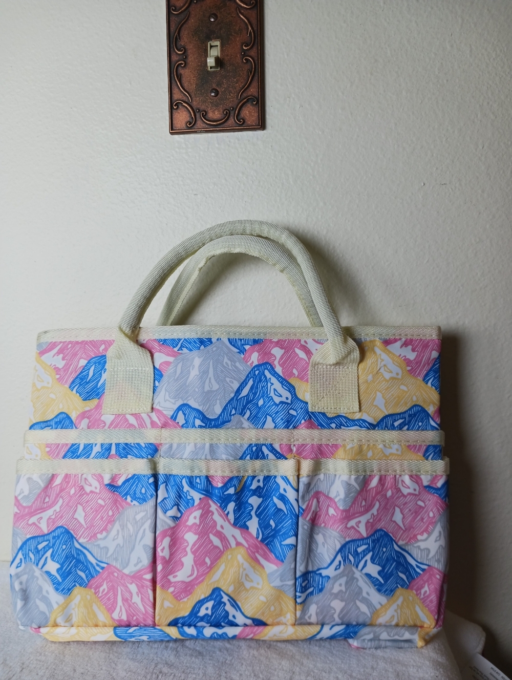 Canvas Mountain-Print Tote Bag in Pink, Blue & Yellow